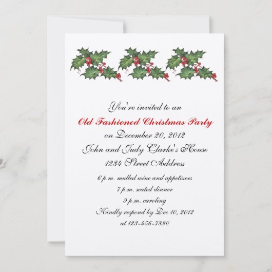 Invitation Houx vintage d'invitations de fête de Noël (Devant)