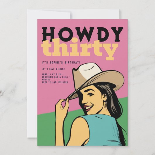 Invitation Howdy 30 Western Retro Pink Green 30e anniversaire (Devant)