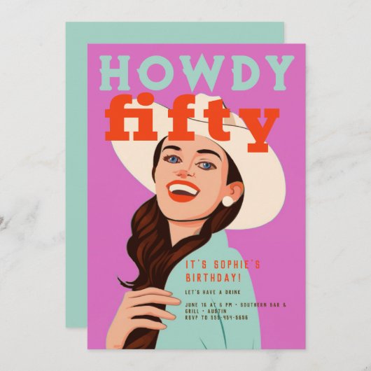 Invitation Howdy Fifty Western Retro Brown rose 50e anniversa (Devant / Derrière)