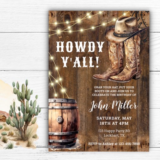 Invitation Howdy Y'All Western Birthday Cowboy Boots et Casqu