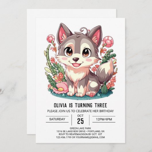 Invitation Howling Pastel Digital Wolf Anniversaire (Devant / Derrière)