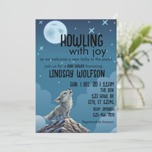Invitation Howling with Joy, Wolf Baby Shower (Debout devant)