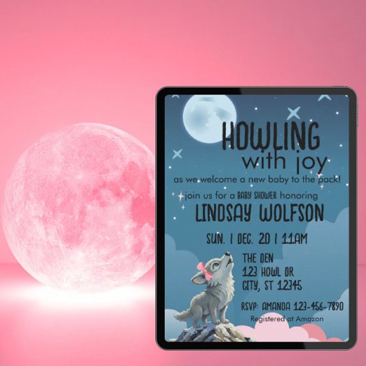 Invitation Howling with Joy, Wolf Pink Baby Shower