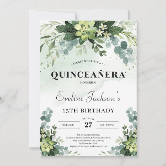 Invitation Hucalyptus boho quinceanera succulent tendance (Devant)