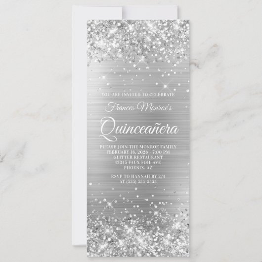 Invitation Huile d'Argent Glittery 15 Quinceañera (Devant)