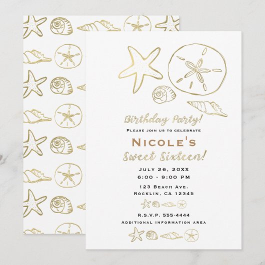 Invitation Huile d'or Look Sea Shells Chic Beach Sweet 16 (Devant / Derrière)