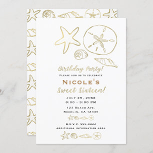 Invitation Huile d'or Look Sea Shells Chic Beach Sweet 16