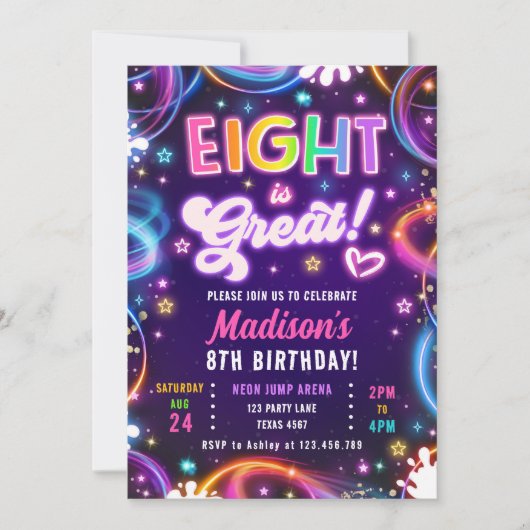 Invitation Huit ans c'est génial 8ème Rétro Néon Lumière Fill (Devant)