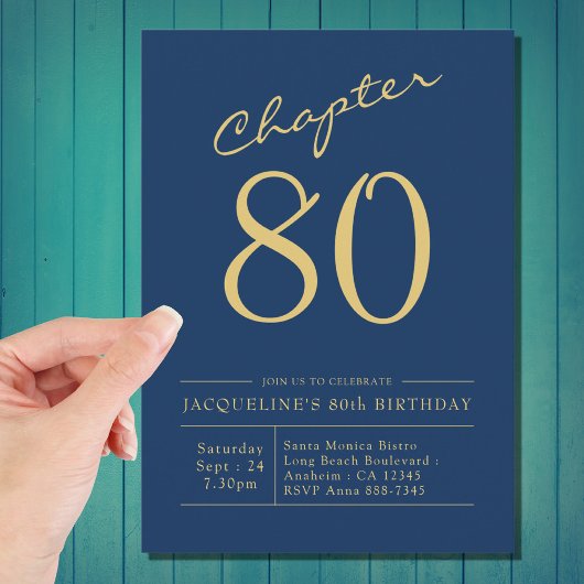 Invitation Huit Blue Gold 80th Birthday Party