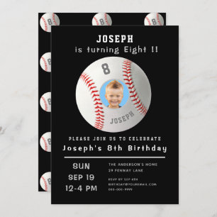 Invitation Huitième anniversaire Black Custom Photo Baseball