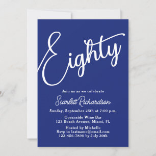 Invitation Huitième script moderne Marine Bleu 80e fête d'ann