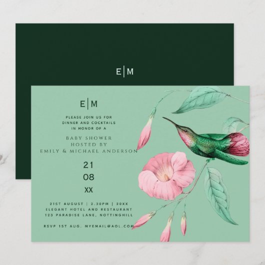 Invitation Hummingbird Floral Baby Couples Douche moderne (Devant / Derrière)