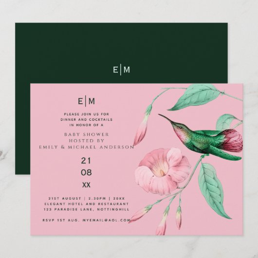 Invitation Hummingbird Floral Baby Couples Douche moderne (Devant / Derrière)