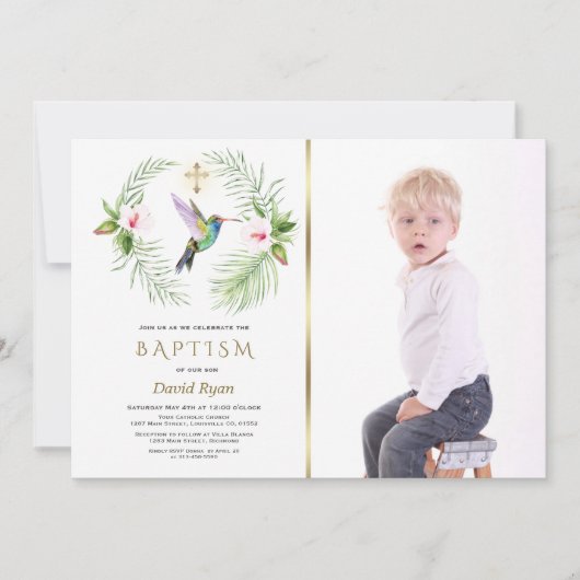 Invitation Hummingbird Floral Boy Photo Gold Baptism (Devant)