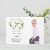 Invitation Hummingbird Floral Boy Photo Gold Baptism (Debout devant)