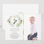 Invitation Hummingbird Floral Boy Photo Gold Baptism (Devant / Derrière)