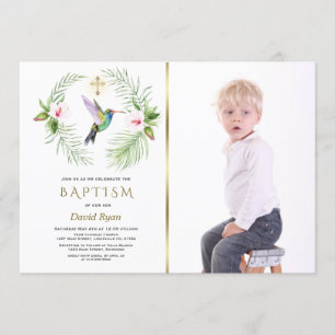 Invitation Hummingbird Floral Boy Photo Gold Baptism