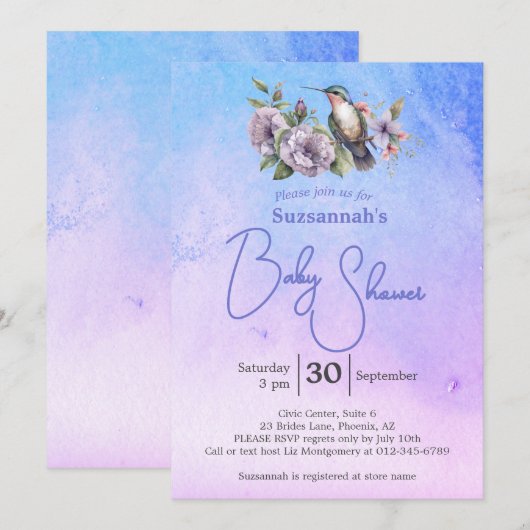 Invitation Hummingbird Pastel Watercolor Baby Shower  (Devant / Derrière)