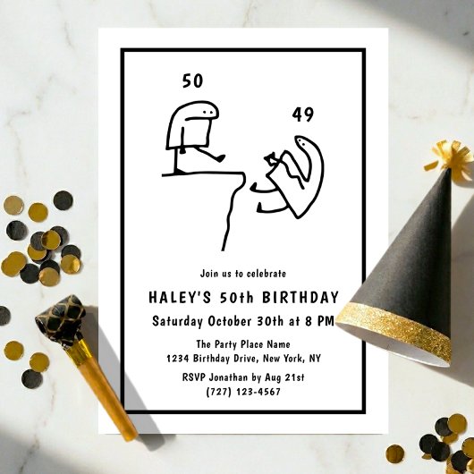 Invitation Humour de Mème Drôle Simple Noir Blanc 50e Anniver