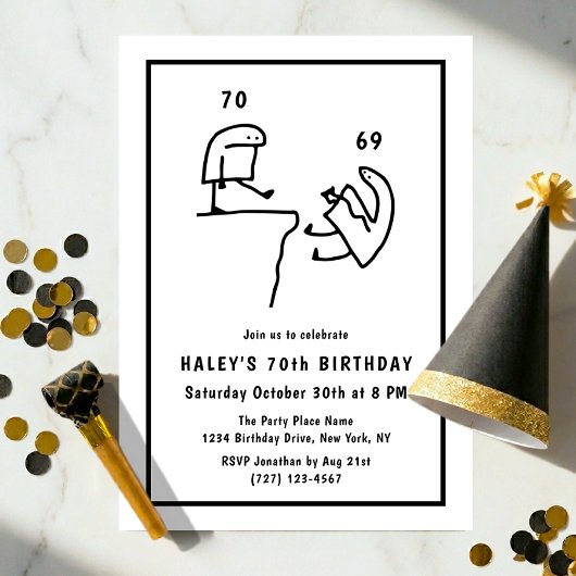 Invitation Humour de mème drôle Simple Noir Blanc 70e Anniver