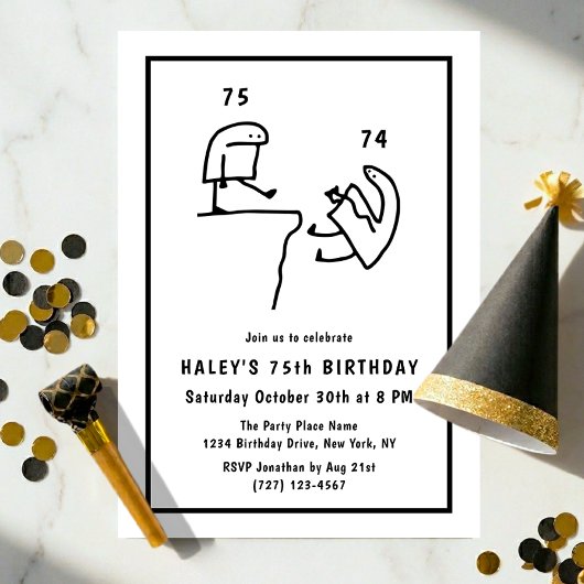 Invitation Humour de Mème Drôle Simple Noir Blanc 75e Anniver