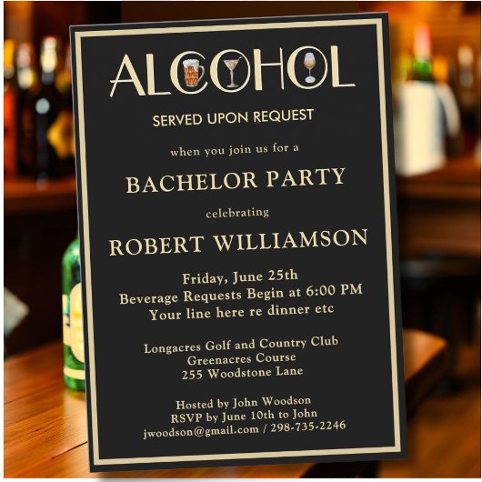 Invitation Humour élégant Black & Gold Bachelor Party