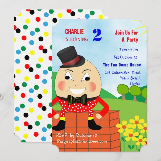 Invitation Humpty Dumpty Theme Anniversaire de enfant Party m (Devant / Derrière)