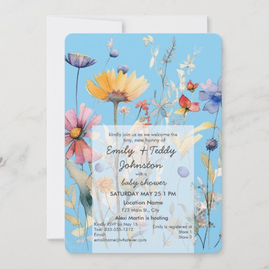 Invitation "Hunny" Fleur sauvage Baby shower bleu garçon (Devant)