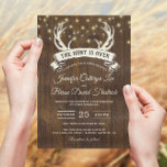 Invitation "Hunt is Over" Rustic Antler Strings Mariage léger<br><div class="desc">Faire-part de mariage rustique de style champêtre "The Hunt is Over" conçu contre un ancien arrière - plan en bois de grange avec des cordes de lumière pétillante sur le dessus de la carte et une bannière vintage de bois de cerf. Veuillez le personnaliser avec votre propre occasion de texte-en...</div>