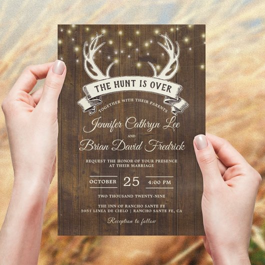 Invitation "Hunt is Over" Rustic Antler Strings Mariage léger