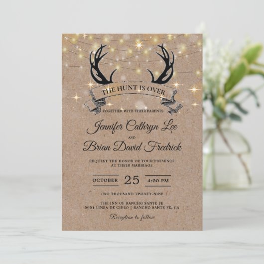 Invitation "Hunt is Over" Rustic Antler Strings Mariage léger (Debout devant)