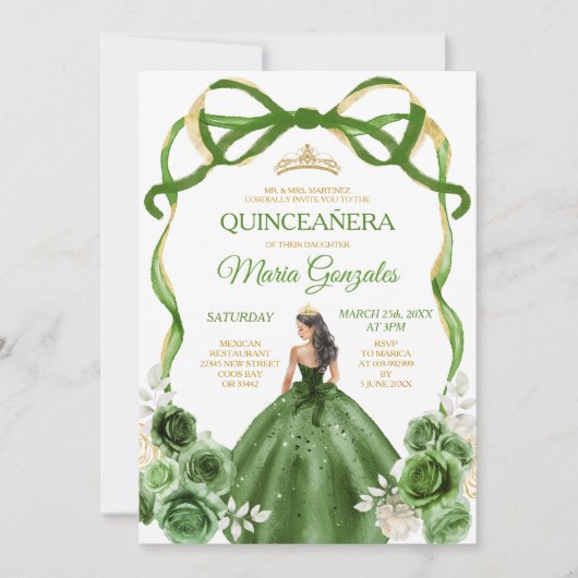 Invitation Hunter Green Bow Princess Gold Crown Quinceañera (Devant)