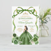 Invitation Hunter Green Bow Princess Gold Crown Quinceañera (Debout devant)