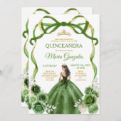 Invitation Hunter Green Bow Princess Gold Crown Quinceañera (Devant / Derrière)