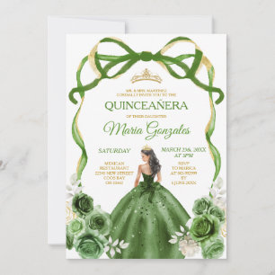 Invitation Hunter Green Bow Princess Gold Crown Quinceañera