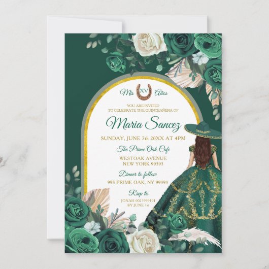 Invitation Hunter Green Floral Princesse Quinceañera (Devant)
