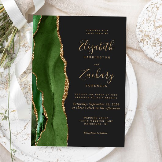 Invitation Hunter Green Gold Agate Dark Mariage