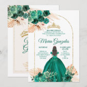 Invitation Hunter Green Pampas Grass Mexicaine fille Quinceañ (Devant / Derrière)