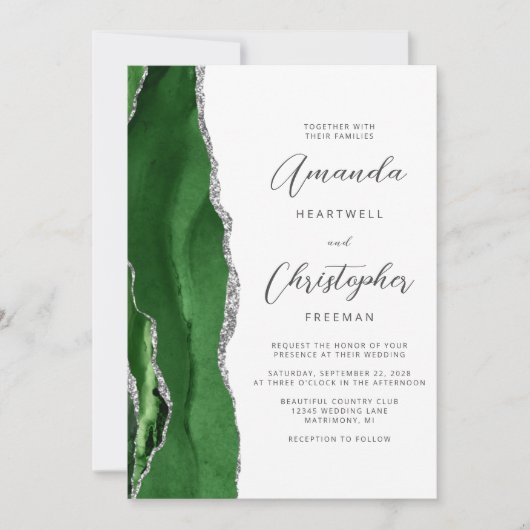 Invitation Hunter Green Silver Agate QR Code Mariage (Devant)