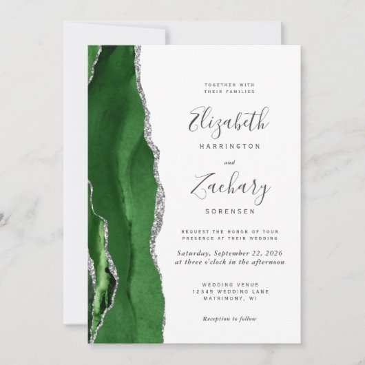 Invitation Hunter Green Silver Agate QR Code Mariage (Devant)