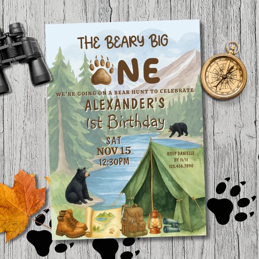 Invitation Hunting Camping Beary First Boy 1st Birthday