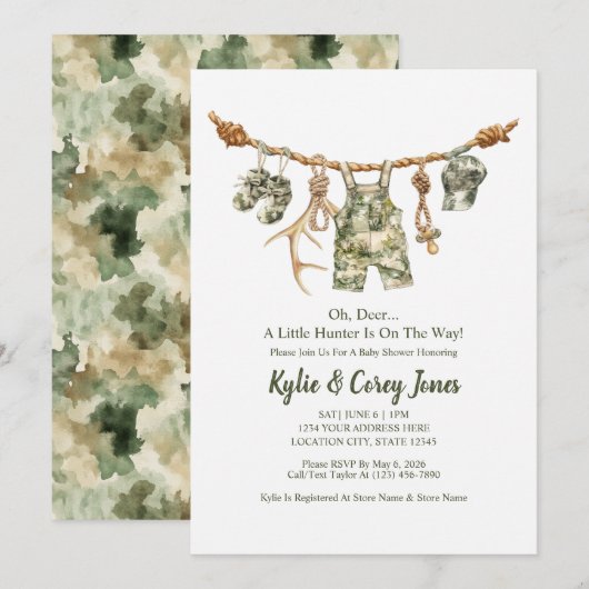Invitation Hunting Clothesline Camo Boy Baby Shower (Devant / Derrière)