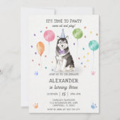 Invitation Husky Sibir Chien Pawty Chiot rose Anniversaire (Devant)
