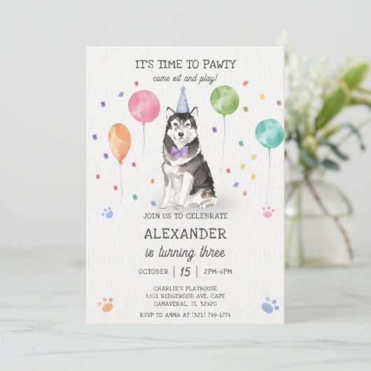 Invitation Husky Sibir Chien Pawty Chiot rose Anniversaire (Debout devant)