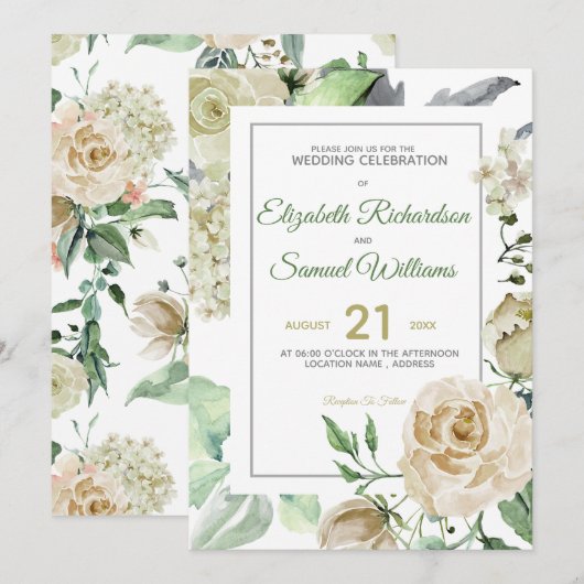 Invitation Hydrangea Aquarelle Classique Rose Bud Crème (Devant / Derrière)