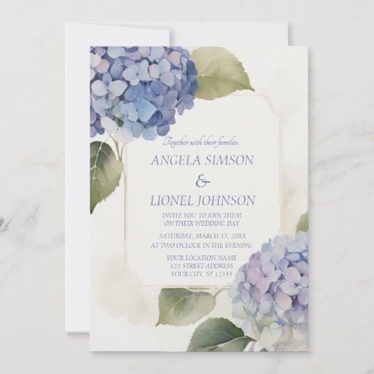 Invitation Hydrangea Aquarelle Couleurs Bleues Douces (Devant)