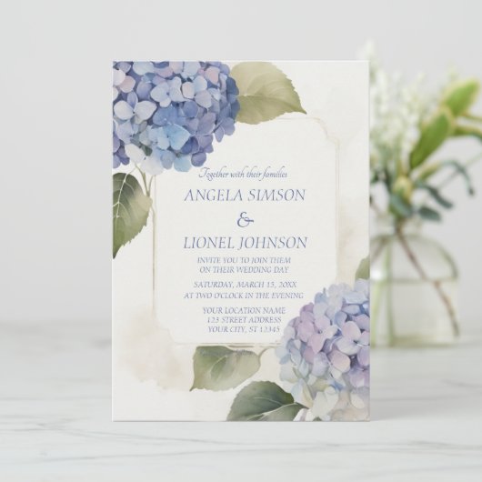 Invitation Hydrangea Aquarelle Couleurs Bleues Douces (Debout devant)