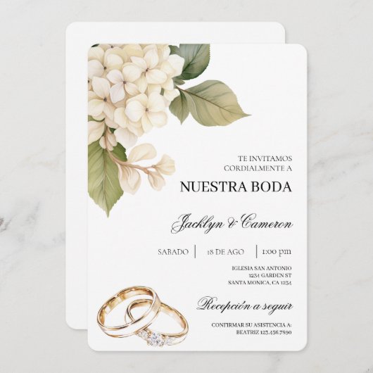 Invitation Hydrangea blanche avec anneau Mariage espagnol (Devant / Derrière)