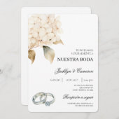 Invitation Hydrangea blanche avec anneau Mariage espagnol (Devant / Derrière)