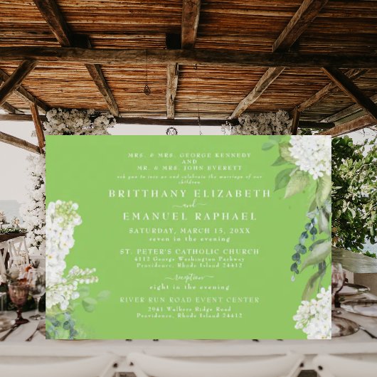 Invitation Hydrangea Blanche Vert Citron Deux Parents Mariage